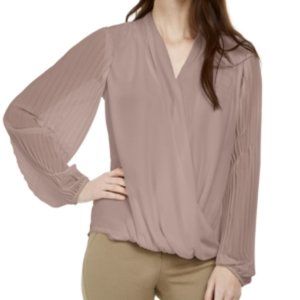 NWT Alfani Women's Pottery Clay Medium Pleated Sleeve V-Neck Size M $50 2A031